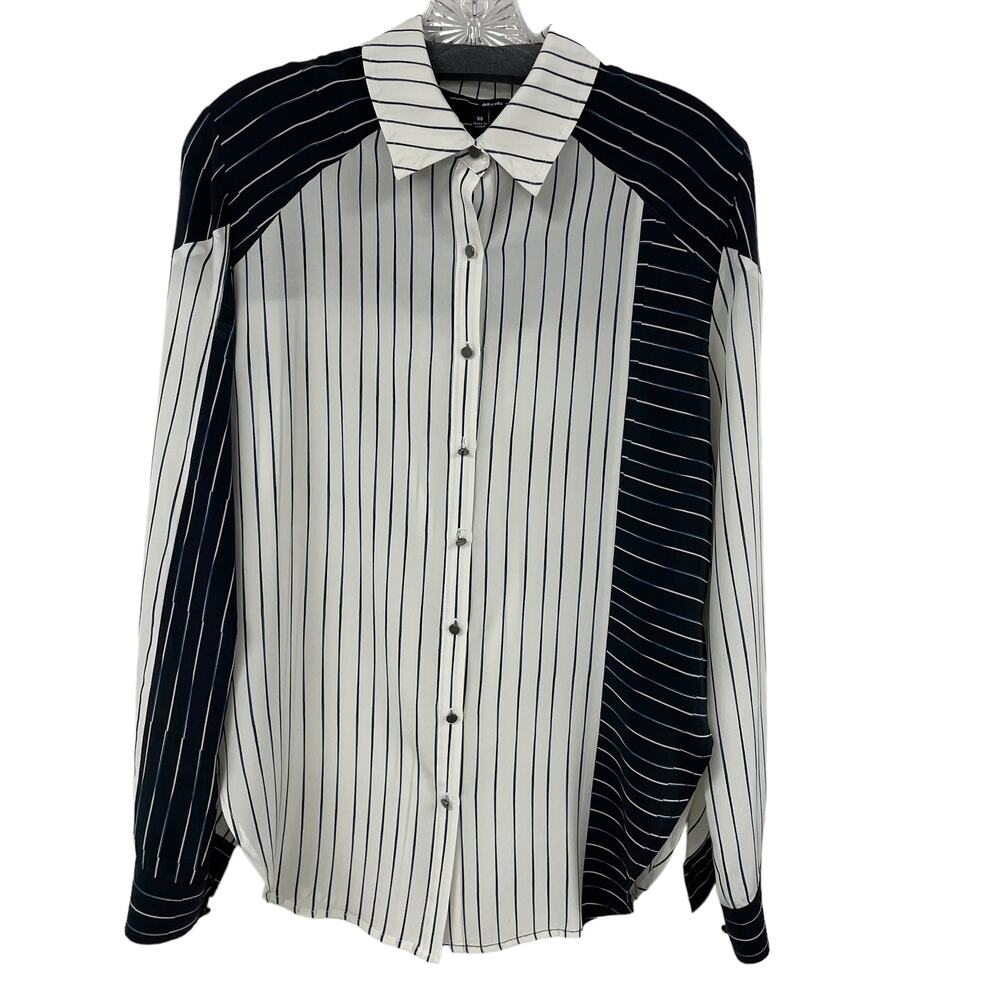 Dolce Vita 100% Silk Navy Cream Striped Long Sleeve Button Down Womens XS